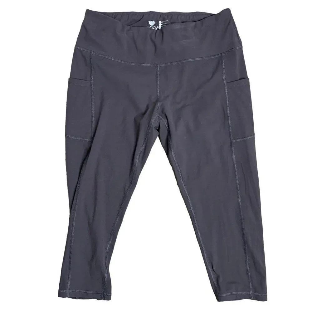 Iuga Cropped Capri Athletic Leggings XXL Grey Pockets Mid Rise Elastic Waist